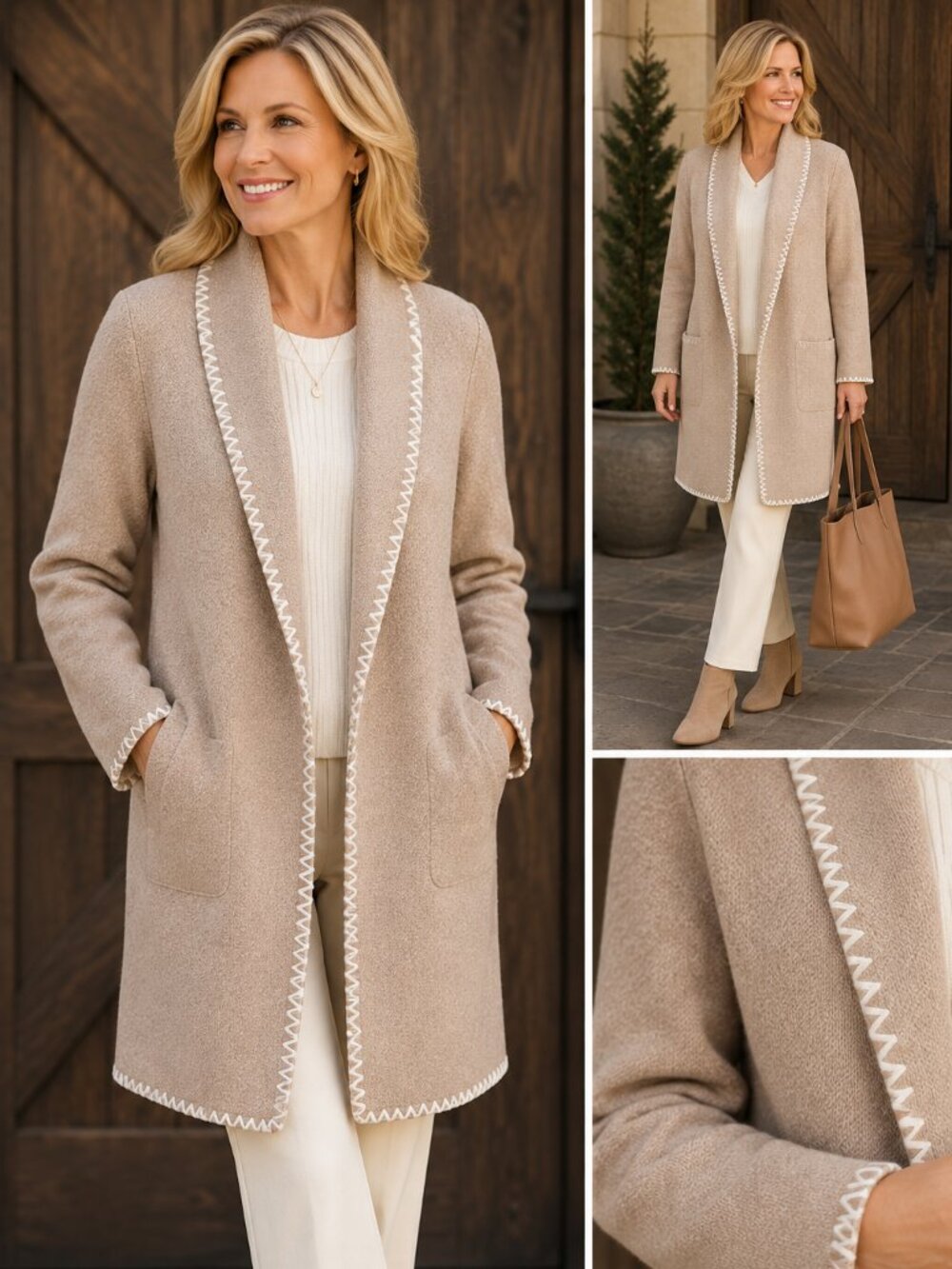Joie NWT Long Sweater Coat Cardigan Taupe Blanket Stitch Coatigan - Picture 3 of 8